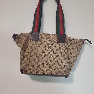 Authentic Gucci Brown Monogram Tote with Green and Red Straps